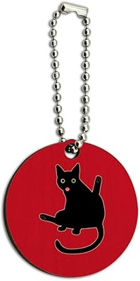 Black Cat Lifting Leg and Licking Wood Wooden Round Keychain Key Chain Ring