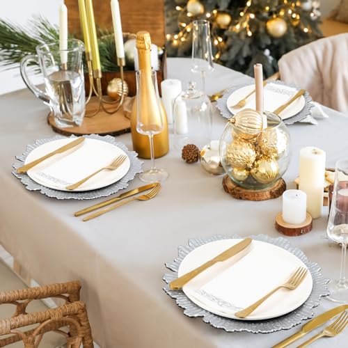 Reef-Charger-Plate-Set-Bulk-13-Plastic-Plate-Chargers-Matte-Ruffled-Rim-Charger-Plates-with-Paper-Napkins-Disposable-Guest-Towels-for-Table-Setting-Wedding-PartySilver-100-Pcs