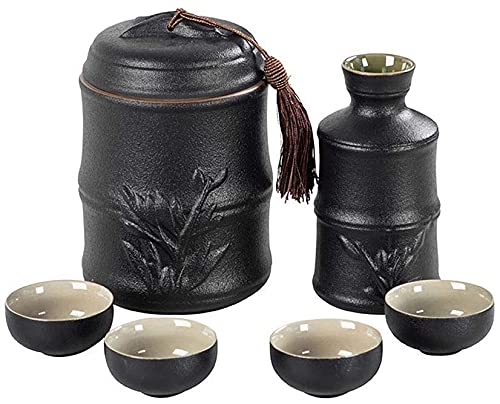 lpzsmd Japanese Sake Set Black Ceramic 6-Piece Sake Set, 15 Ounce Wine Glass Set (With Insulation Pot), Rice Wine Warmer, Hot Wine Warmer, Alcohol Stove Set, 4 Cups Traditional Hand Painted Sake Set