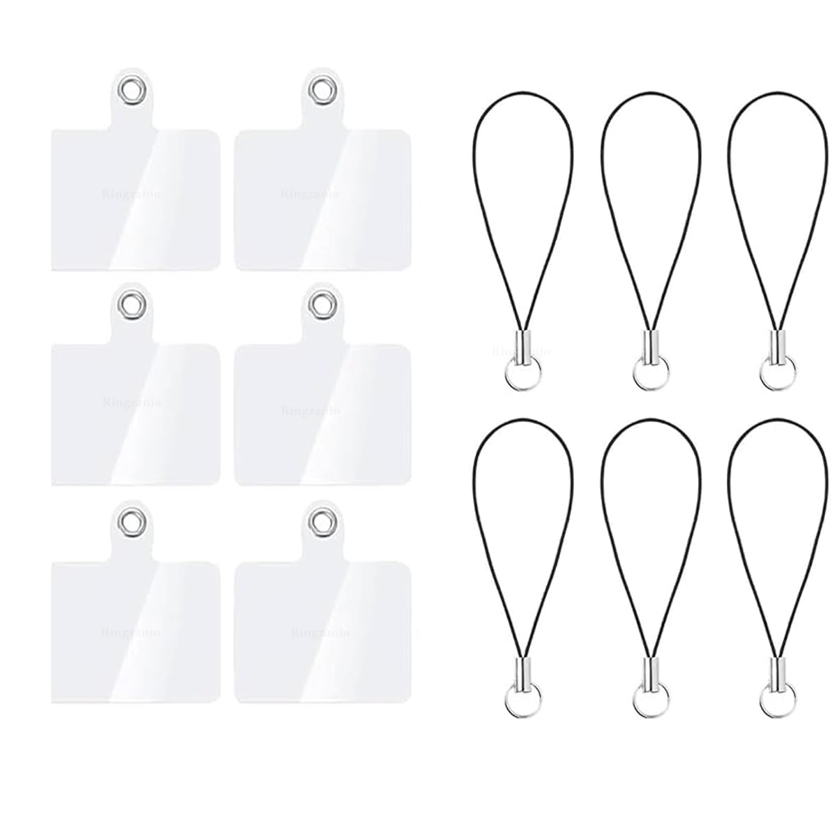 Metal Phone Tether White Transparent Tabs and Cell Phone Charm Hooks Heavy Duty Anti-Lost Lanyard Tabs, Stainless Steel Patch for Phone Straps, Strings, Keychain (6 Tethers and 6 Black Threads Strap), Total 12 Pcs-image-45