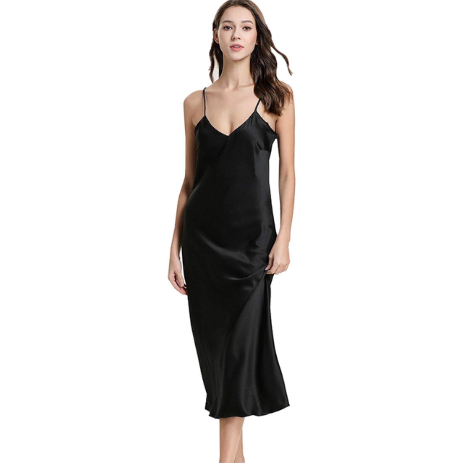 Women's Satin Nightgown Long Slip Sleep Dress Silk V Neck Sleepwear Solid Color Nightwear-black,M — image 1
