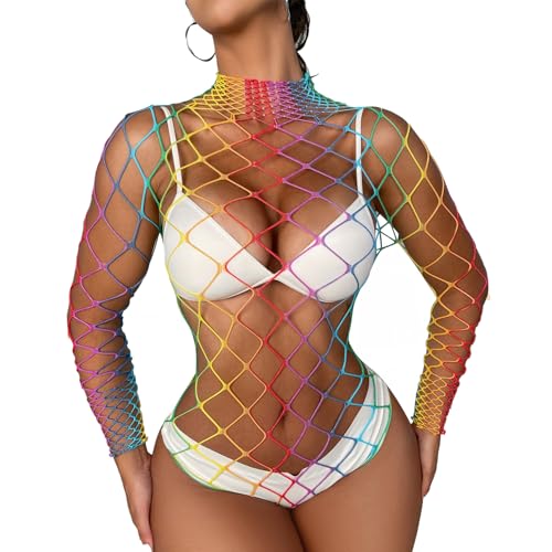 Kimfeng Rainbow Fishnet Bodysuit Lingerie for Women Hollow Out See Through Mesh Rave Outfits Long Sleeves One Piece Babydoll Bodysuits Party Club
