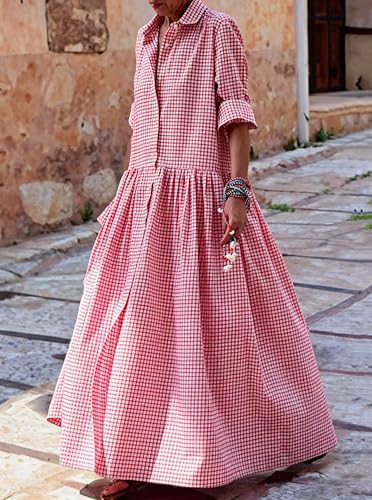 Image of chouyatou Women's Retro Plaid Button Down Maxi Shirt Dress Long Sleeve Button Up Gingham Swing Long Dress
