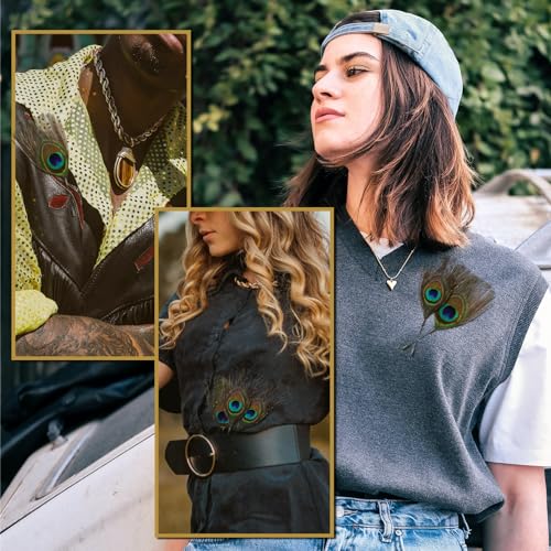 Image of RechicGu 4x Peacock Feather Brooch Pin Set - Black, Vintage Feather Brooch Badge for Western Cowboy Hats, Costumes, Hair Accessories, Lapel Stick Pin