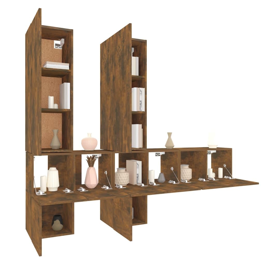 Set mobile TV 7 pezzi legno di ingegneria rovere fumo | Design da parete, ampio spazio di archiviazione, resistente all'umidità, superficie liscia, manuale di montaggio incluso