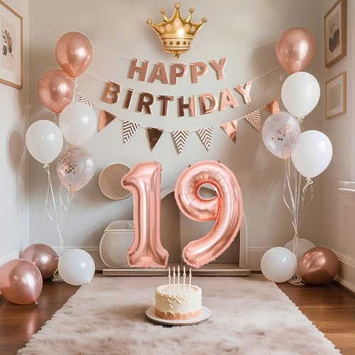 19歳 誕生日 飾り付け バルーンセット ハッピーバースデー happy birthday ガーランド & 大きな数字バルーン、紙吹雪風船、王冠付き ローズゴールドの豪華パーティー装飾 大人女子向け