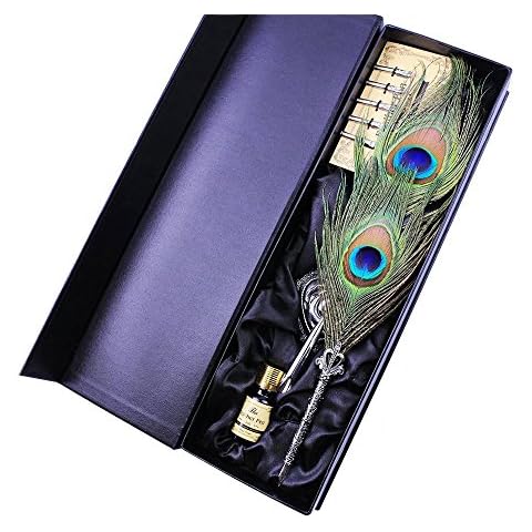 SpyShop Peacock Feather Pen Quill Ink Pen Set- Antique Feather Writing Dip Ink Pent Handmade Heart-Shaped Pen Holder Writing Dip Pen Calligraphy Gift Set Cover