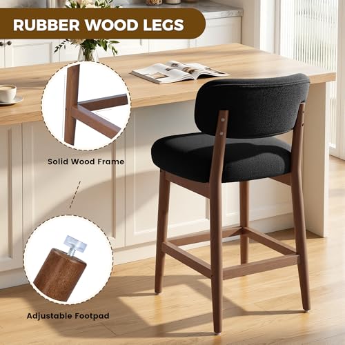 Image of Counter Height Bar Stools Set of 4, Mid-Century Modern Boucle Bar Chairs with Solid Wood Frame, Fluffy Upholstered Stools with Backrest for Kitchen Island, Home Bar, Charcoal Black