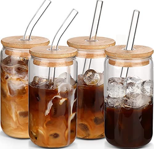 Drinking Glasses with Bamboo Lids and Glass Straws, 4 Pcs 550ml Clear Reusable Tumblers Set with Cleaning Brushes, Leak-Proof Drinkware for Tea, Coffee, Smoothies, Iced Drinks