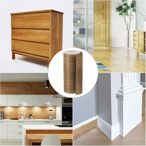 Image of uxcell 1 Roll Wood Grain Tape, 5.91 inch x33 Ft Realistic Textured Repair Tape Self Adhesive Wood Textured Patch with Tool for Floor Wall Door Table Cabinets Furniture Home Decor(Coffee Color)