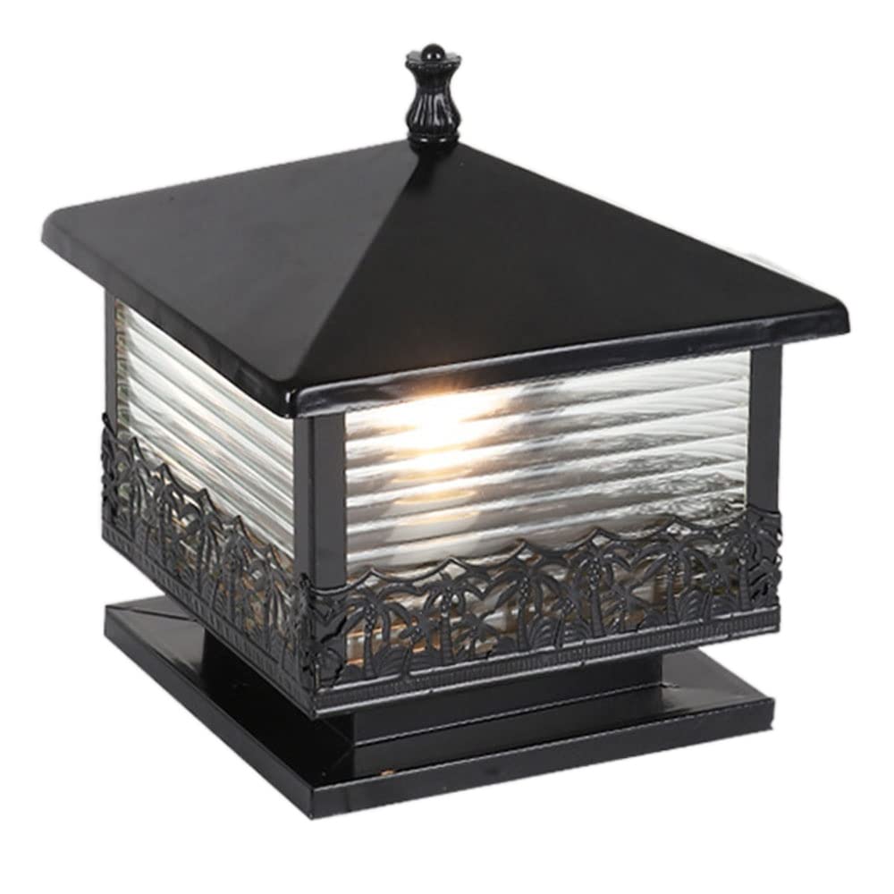 GTHTUHFD Modern Patio Pillar Lights Striped Glass Shade Square Fence Outdoor Column Lamp Pier Mount Vintage Post Lamp Headlights Exterior Post Light Fixture Villa Garden Gate Light,Black-8.2in