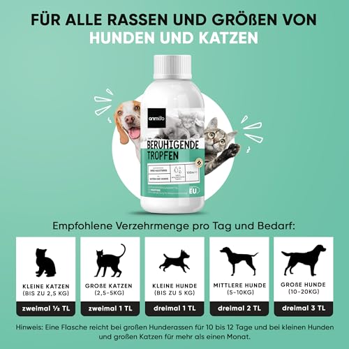animigo Beruhigungsmittel für Hunde & Katzen - 100ml Entspannungs- & Anti-Stress-Mittel für Haustiere - Mit L Tryptophan, Vitamin D3, Zink, Taurin - Gelassenheit bei Stress, Feuerwerk, Unruhe & Reisen