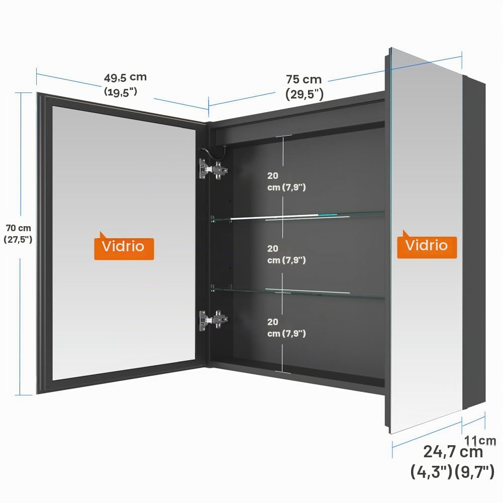 KWW LED Ilumina el Botiquín del Baño, con Espejo, Temperatura de Color Ajustable, luz Antiniebla, Enchufe y USB, Botiquín Montado en La Pared (2 puertas-75×70)