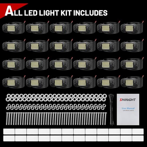 Image of SHINIGHT 24 Pods White Rock Lights 6000K Pure White Super Bright Underglow Light,10FT /3M Extension Wires Each Light,36 LED SMD Chips,Waterproof IP68,Rock Lights for Trucks UTV ATV SUV Boats