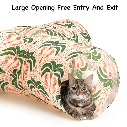 Image of Tempcore Cat Tunnel for Indoor Cats, 3 Way Collapsible Pet Play Tunnel with Teaser Wand, Peek Holes & Hanging Ball, Interactive Tube for Kittens & Rabbits, Khaki Coconut Tree