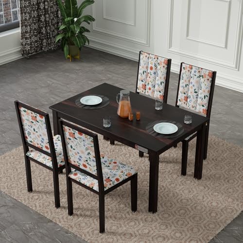 Image of DRIFTINGWOOD Tiya Solidwood Dining Table 4 Seater with Floral Design Cushions | Four Seater Dinning Table with 4 Chairs for Home | Rosewood, Walnut Finish, Self Assembly(DIY)