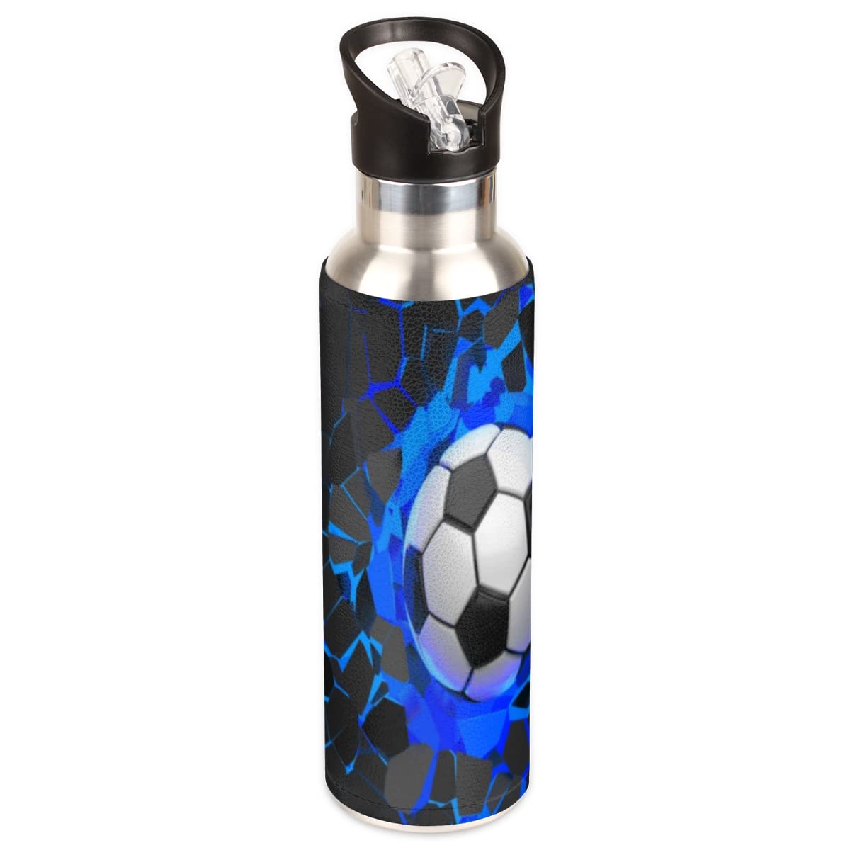 Isolierte Edelstahl-Wasserflasche mit Strohhalm, 590 ml, Blau / Schwarz, 3D-Sport-Trinkflaschen, BPA-frei, auslaufsicher, Metall-Vakuumflasche für Kinder, Fitnessstudio, Fitness