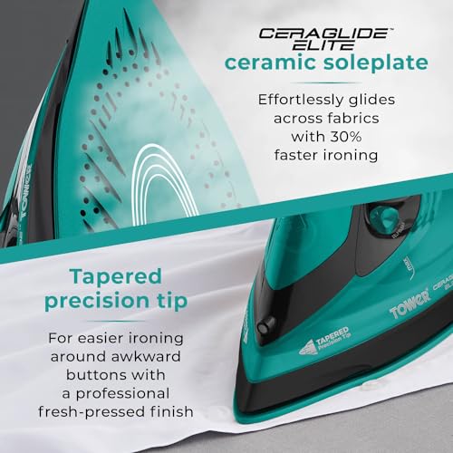 Tower T22022TL Ceraglide 360° Cord/Cordless Steam Iron with Rapid Heat-Up and Recharge, 2800W, Black and Teal