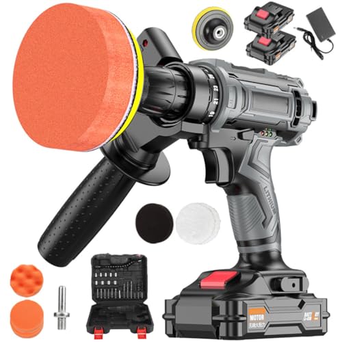 Pulidora de Coche Inalámbrica, Kit de Pulidoras de Buffer Multifunción con 6 Bandejas de Encerado Diferentes, Ajuste de 2 Velocidades, 1500R/min, Mango Giratorio de 360°, Iluminación LED Brillante