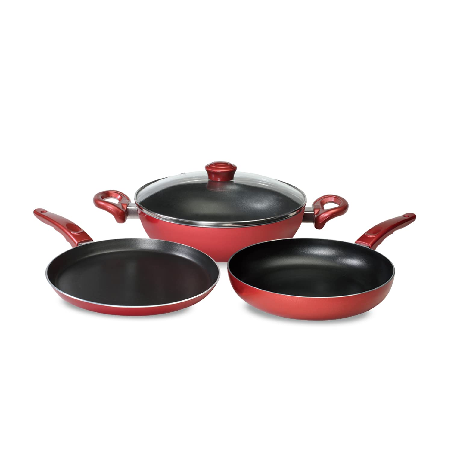 Nirlep by Bajaj Electricals Sakhi Gift Set Non Stick Induction Set of Flat Tawa, Fry Pan & Kadhai with Lid (Wine)