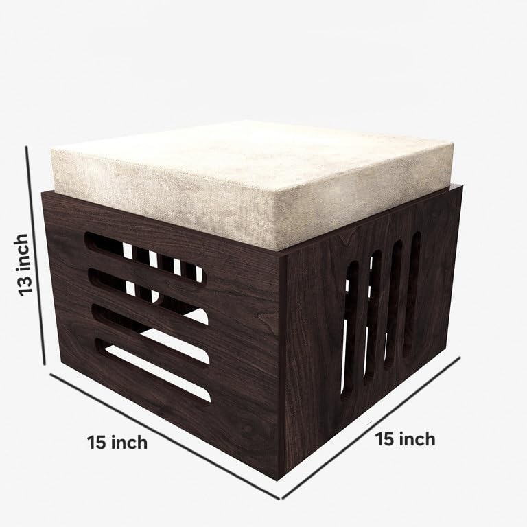 Image of Solid Sheesham Wood Coffee Table for Living Room | Wooden Square Coffee /Tea Table with 4 Cushioned Stools |Center table with Storage Teapoye for Home, Living Room, Balcony, Natural Walnut