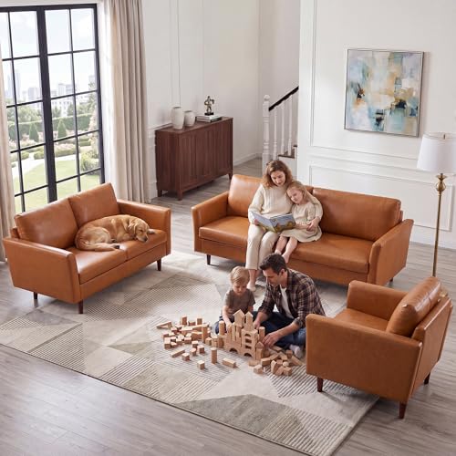 Image of Kingfun 3 Piece Living Room Furniture Sets, 3 Seater Couch, Loveseat and Armchair, Faux Leather Couch Set, Mid Century Modern Sofa Set with Solid Wood Frame for Living Room, Office, Dark Brown