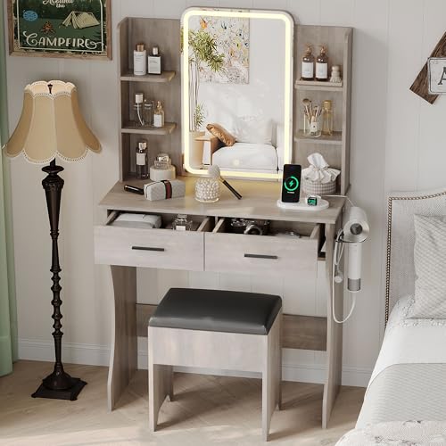 Image of Small Vanity Desk with Mirror and Lights, Makeup Vanity with LED Lights, Grey Vanity Mirror with Lighted Desk and Chair, 3 Lighting Adjustable Compact Dressing Table with Mirror for Women, Girls