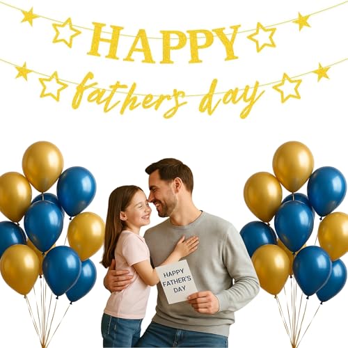 Image of Happy Father's Day Glitter Black Beer Bunting Banner for Dad Father's Party Decorations Backdrop Garland for Father's Day (Gold Star Hollow-Out)