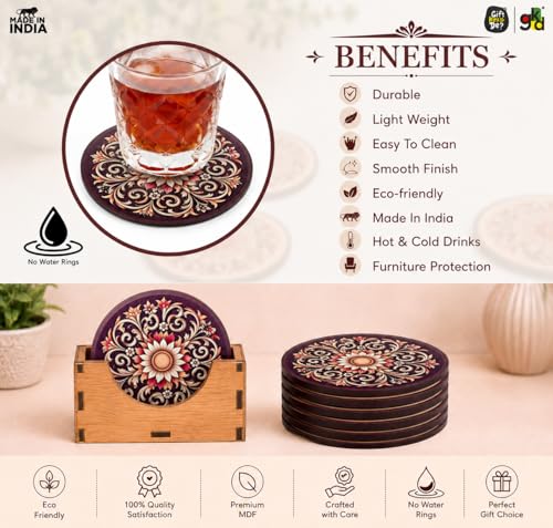 Image of GKD Flower Coasters Wooden Tea & Coffee Coaster Set of 6 with Stand | Heat & Water Resistant Table Coaster for Cups, Mugs & Glasses (Dark Floral)