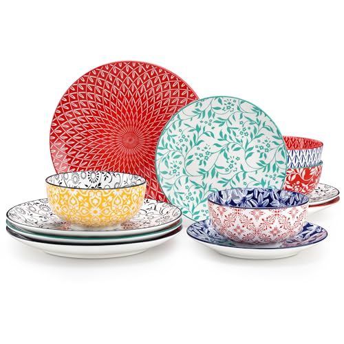 Image of vancasso SELENE Plates and Bowls Set for 4, 12 Pieces Dinnerware Sets, Mircowave and Dishwasher Safe Dishes Set, Porcelain Muted Dinnerware
