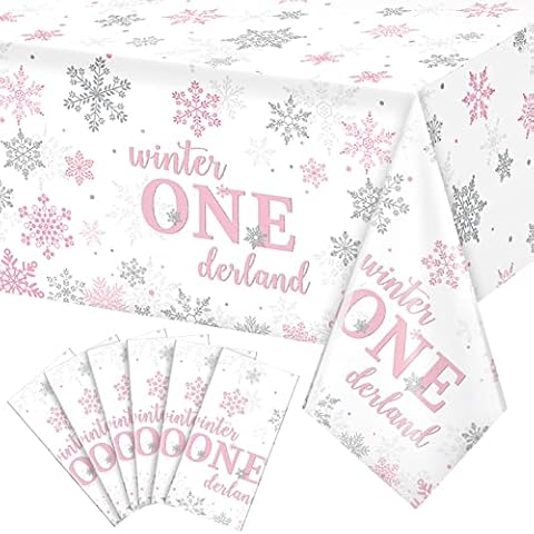 6Pcs Christmas Winter Onederland 1st Birthday Tablecloth Disposable Pink and Silver Snowflake Plastic Table Cloths Cover for Winter Onederland 1st Birthday Girls Holiday Party Decorations,54 x108 inch Cover