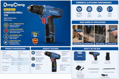 Image of DongCheng Cordless Drill 12 V | 10 mm | 35 N.m Torque | 2 Speed Mode | 1 x Battery | 1 x Charger | 1 x MultiPurpose Drill Bit | 1 x ScrewDriver Bit | 1 x Pair Of Hand Gloves | DCJZ1202 E |