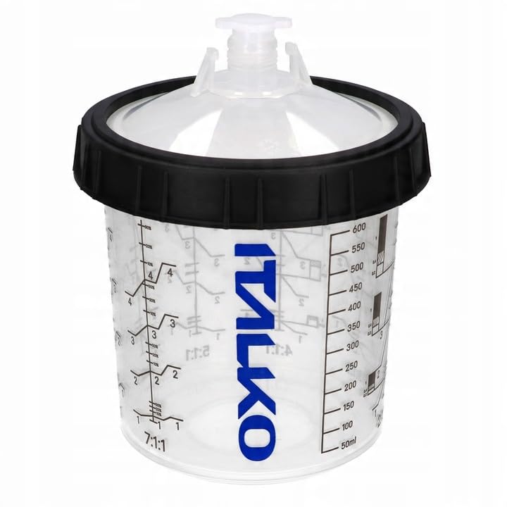 Lackierbecher Set PPS 650ml – 50 Einwegbecher + 50 Deckel mit 125µm oder 190µm Filter + 1 Haltebecher + Verschlusskappen – Mischbecher für Lack Lackierpistole Spritzbecher