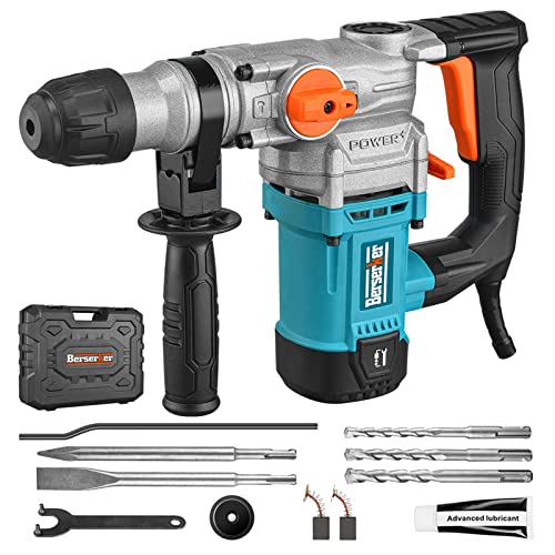 Berserker 1-1 8 SDS-Plus Rotary Hammer Drill with Safety Clutch,9 Amp 3 Functions Corded Rotomartillo for Concrete - Including 3 Drill Bits,Flat Chisel, Point Chisel,Carrying Case