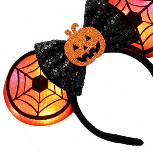 JIAHANG LED Halloween Mouse Ear Light Up Headband Sequin Bow Hairband Flash Glowing Party Decoration Headwear Hair Accessories