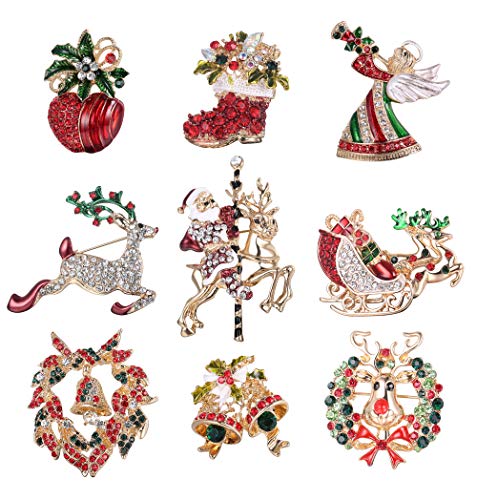 JOERICA 9PCS Christmas Brooch Pin Set for Women Men Reindeer Candy Cane Santa Socks Bell Christmas Tree Wreath Snowflake Enamel Brooch Pin Crystal Rhinestone Christmas Jewelry Gift
