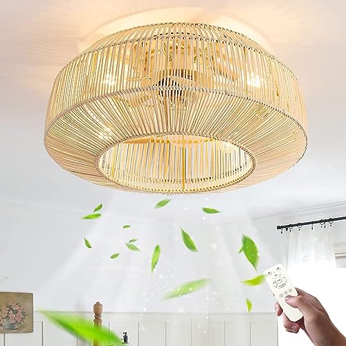 KZT Rétro Ventilateurs de plafond avec éclairage et Télécommande Silencieux E27 Fan Plafonnier Vintage Tissage Bambou Et Rotin Tissé Lampe de Plafond pour Salon...