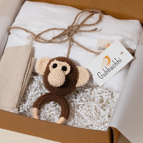 Image of Newborn Gift Set | Crochet Rattle & Muslin Swaddle Combo | Newborn Gift | Gifting for Infants /Babies | 100% Muslin swaddlecloth | Toy for Gifting| 3 Months + (MAAKAD Rattle with Swaddle)