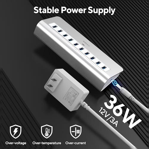Image of Powered USB Hub, intpw 10 Port USB 3.1 Hub with 10Gbps Data Transfer, 30W(12V /2.5A) Power Adapter, USB Type A and Type C Cable, Aluminum USB Splitter for Laptop, MacBook and Desktop Computer