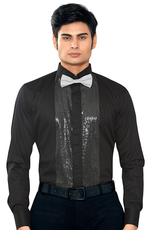 Image of GLOBALRANG Men's Sequin Tuxedo Shirt | Satin Cotton | Cut Away Collar with Bow Tie