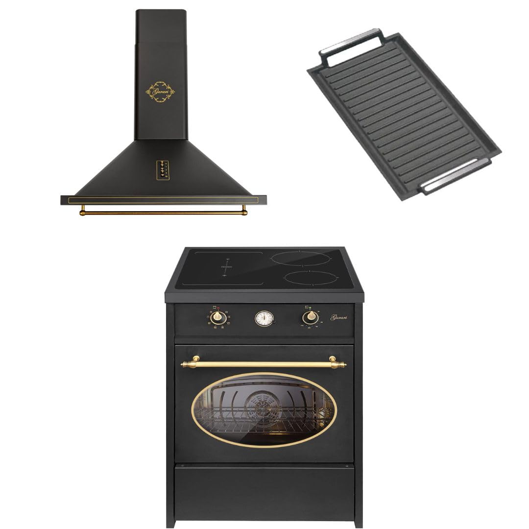 GURARI Fornello a induzione GCH E 612 BL r+GCH 975 Bl 6 + piastra grill retrò a induzione 60 cm/60 L + cappa aspirante 60 cm