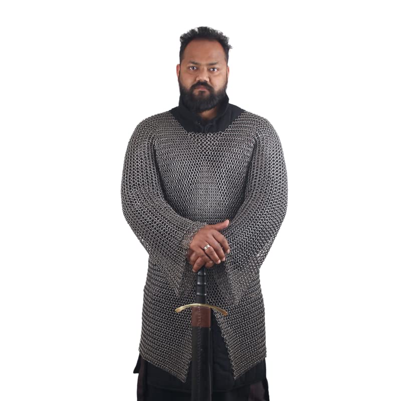 THE MEDIEVALS 10 MM ID Butted Chainmail Hauberk Full Sleeve Shirt Mild Steel - Natural Oiled Finish, XX-Large
