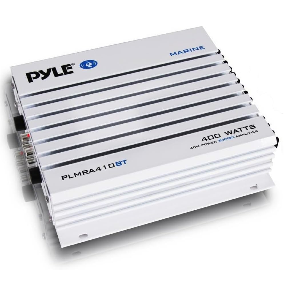 KIT SET PARA PYLE PLMRA410BT 1 Amplificador marino de 4 canales, clase AB, 4 x 100 vatios máx., impermeable, conectividad Bluetooth 2.1, para piscinas, barcos, embarcaciones, 1 pieza + cables gratis