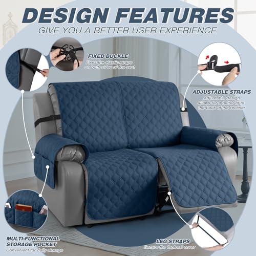 Image of TAOCOCO 100% Waterproof Recliner Covers, Recliner Sofa Covers with Leg Straps, Reversible Recliner Couch Cover for Reclining Chair, Washable Couch Protector for Pets Kids(2 Seater, Ocean Blue)