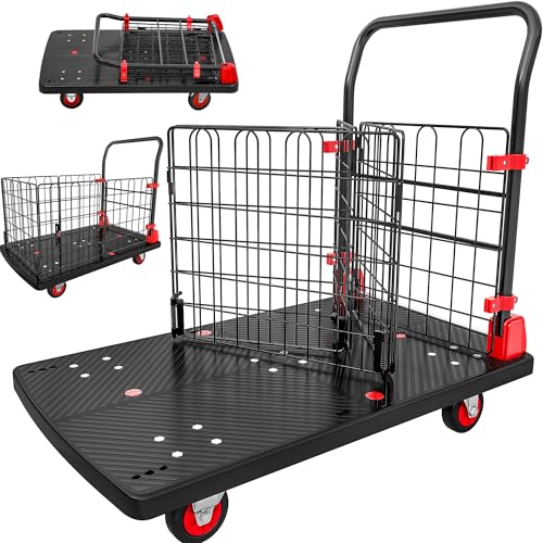 DWVO 1000 LBS Platform Truck Cart with Cage, Trolley Cart with Wheels, Heavy Duty Hand Moving Dolly Cart, Foldable Dolly Cart with Wheels for Warehouse Luggage Moving