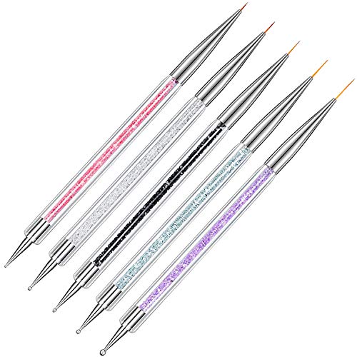 Ycyan 5Pcs Nail Art Brush Set Rhinestone Handle Dual-ended Nail Art Liner Brushes (5/7/9/11/13 mm) and Nail Dotting Tools