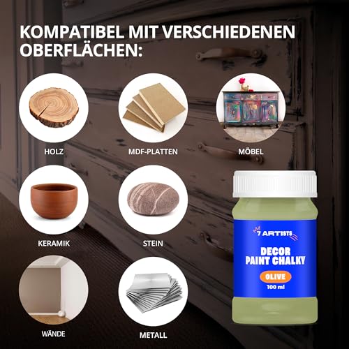 7 Artists Kreidefarbe Olive 100ml | Kreidefarbe für Holzmöbel & Handwerk