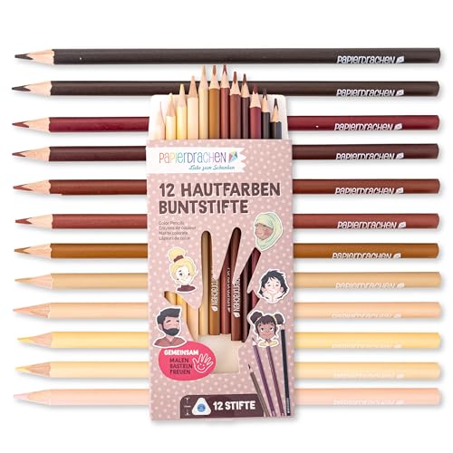 Papierdrachen 12 Buntstifte - Hautfarben &ndash; satte Farben &ndash; Set - Holz &ndash; dreieckig &ndash; bruchsicher &ndash; Schule - Kindergarten &ndash; Malen &ndash; Kinder