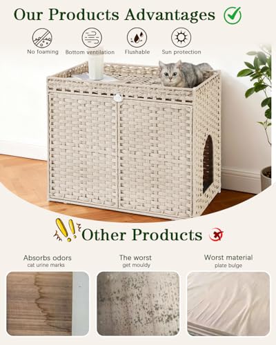 Image of SETVSON Cat Litter Box Enclosure Furniture, Hidden Litter Box, Cat Litter Box Cabinet with 2 Litter Mats, Handwoven Rattan Large Space Cat House Indoor, Living Room, Bedroom, Apartment Light Khaki