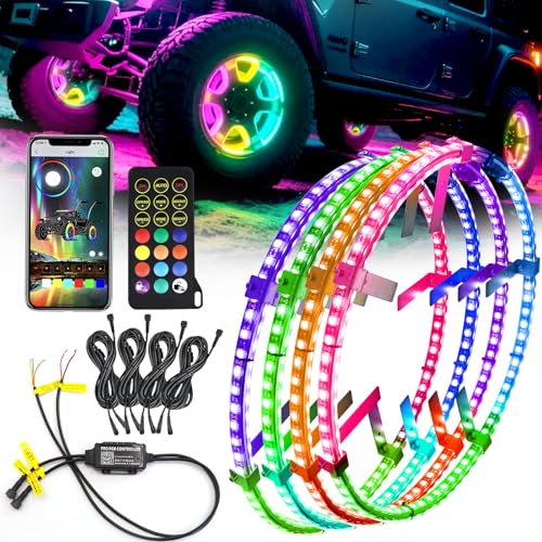 Image of 4PC 15.5 inch Chasing Dual Sided LED Wheel Ring Lights for Truck Car, Dual Ctrl